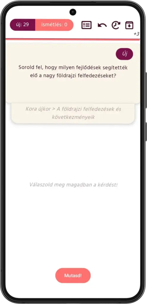 Képernyőkép az alkalmazásról: tanulókártya kérdés oldala